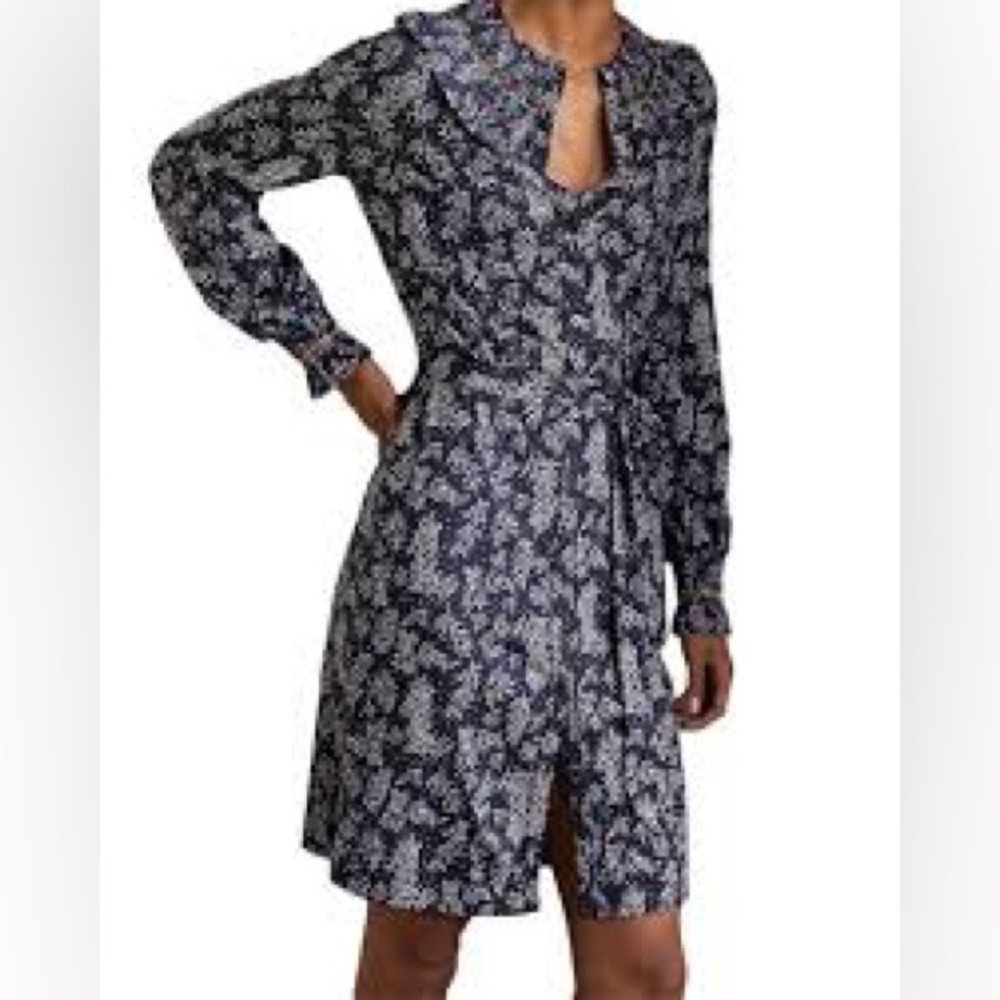 Boden Womens Navy Smocked Detail Jersey Tie Waist Cottagecore Dress Size 8R‎